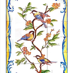Mural tiles, birds and flowers. Tradicional ceramic, hand painted, Clasic motiv in ceramic, birds of colours.
