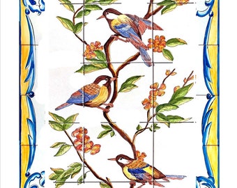 Mural tiles, birds and flowers. Tradicional ceramic, hand painted, Clasic motiv in ceramic, birds of colours.