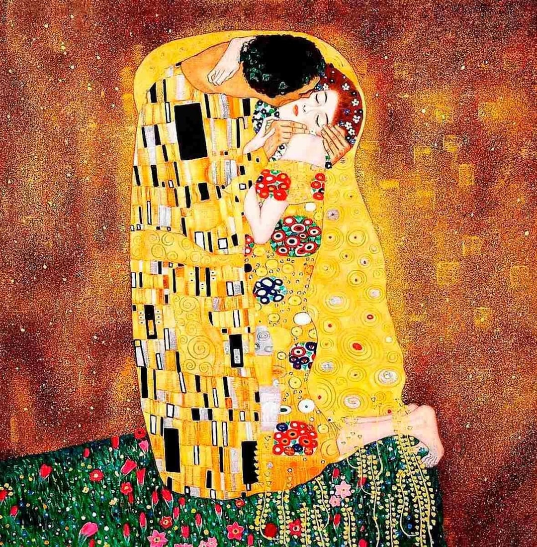クリムトの接吻、タイル壁画。キスの絵。伝統的な手描きの陶器
