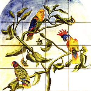 Tile mural, hand painted, handmade. Landscape, still life, parrots, birds, tree. Tradicional cerámic, classic tiles. zdjęcie 3