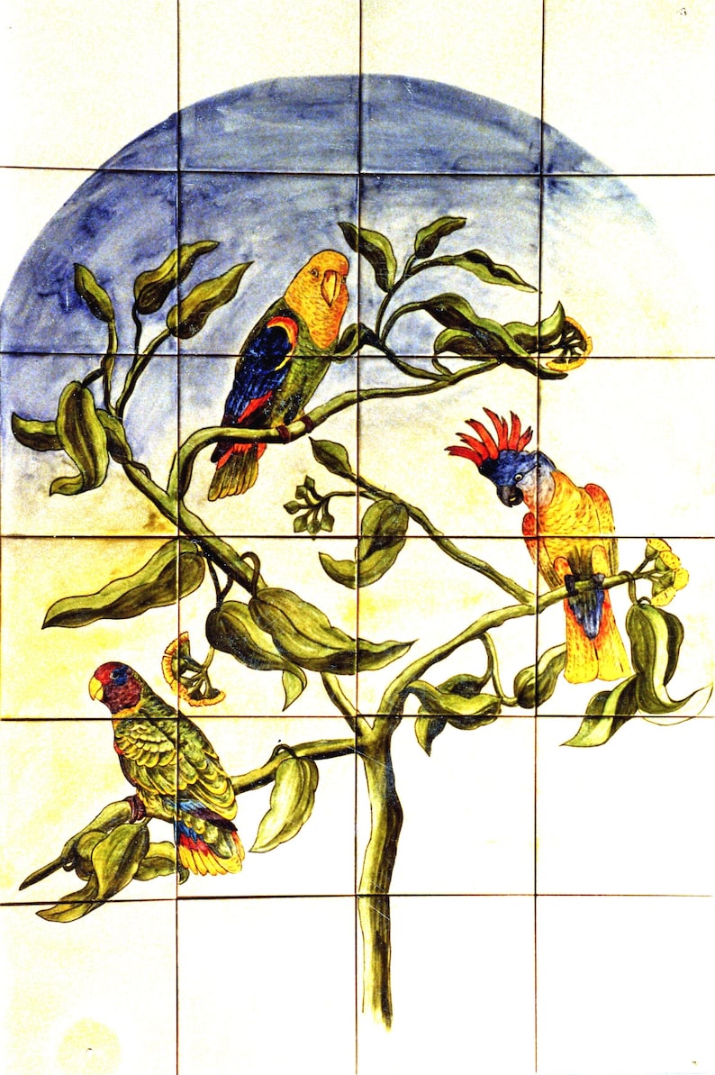 Tile mural, hand painted, handmade. Landscape, still life, parrots, birds, tree. Tradicional cerámic, classic tiles. zdjęcie 3