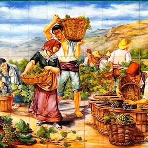 Tiles mural, landscape harvest, country, grapes. Tradicional ceramic, hand painted, Ceramic Andalucia, Portugal.