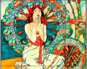 Tile mural, picture Alfons Mucha, Art Deco, Art Nouveau. Tradicional ceramic, Hand painted. Woman whit flowers. Paris, S.XX.