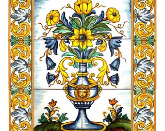 Tile mural, landscape,still life whit flowers.Handmade Hand painted, tradicional ceramic  Spain, Portugal. Clasic  whit vase of flowers .