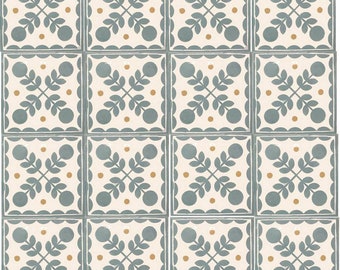 May include: A set of 12 ceramic tiles with a repeating pattern of stylized leaves and circles. The tiles are a light blue color with a white background and gold accents.