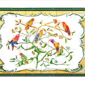 Tile mural, hand painted, handmade. Landscape, still life, parrots, birds, tree. Tradicional cerámic, classic tiles. zdjęcie 1