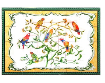 Tile mural, hand painted, handmade. Landscape, still life, parrots, birds, tree. Tradicional cerámic, classic tiles.