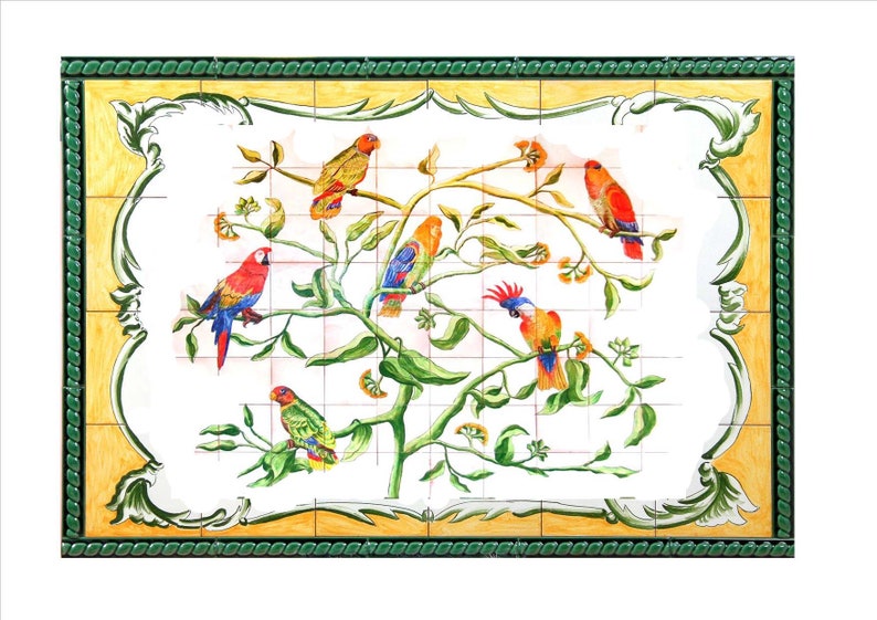 Tile mural, hand painted, handmade. Landscape, still life, parrots, birds, tree. Tradicional cerámic, classic tiles. zdjęcie 1