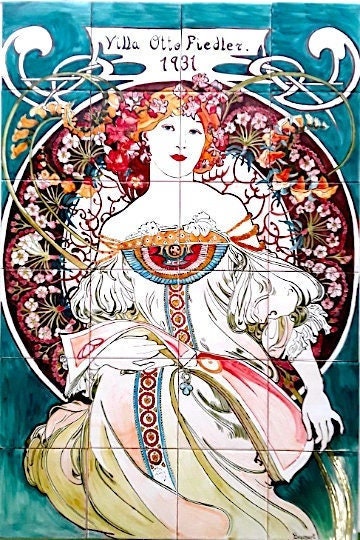 16x36 Alphonse Mucha La Nuit Art Nouveau Tumbled Marble Tiles