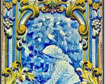 Tile mural, landscape,still life whit flowers.Handmade Hand painted, tradicional ceramic  Spain, Portugal. Clasic  whit vase of flowers .