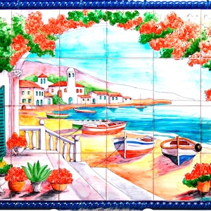 Tile mural. Landscape, whit boat, beach, village. Handmade. Hand painted. Tradicional Ceramic, clasic tiles, for terrace, patio, outside.