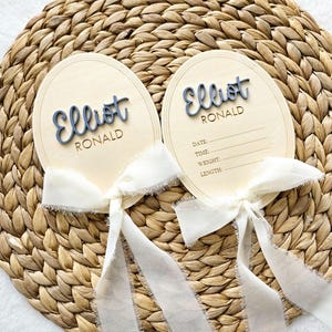 Wooden Baby Name Announcement Sign, Hospital Birth Statistic Plaque, Chiffon Ribbon Detail