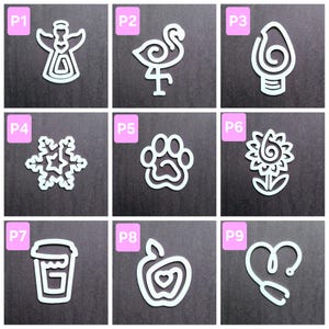 May include: Nine white outline illustrations on a gray background. The illustrations include an angel, flamingo, lightbulb, snowflake, paw print, sunflower, coffee cup, apple, and a stethoscope.