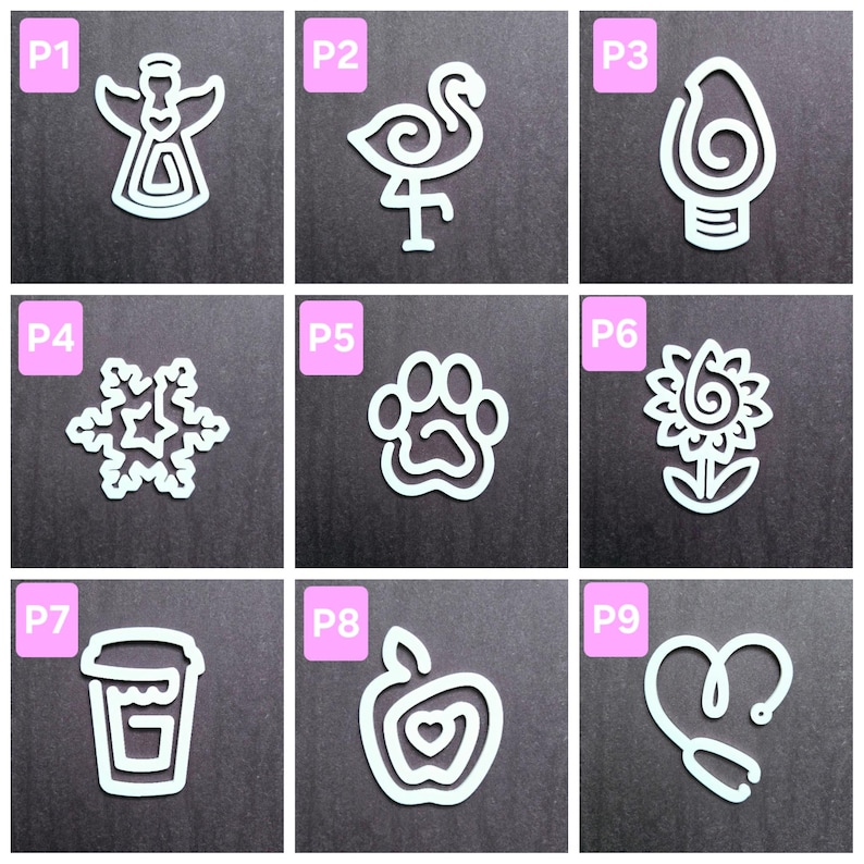 May include: Nine white outline illustrations on a gray background. The illustrations include an angel, flamingo, lightbulb, snowflake, paw print, sunflower, coffee cup, apple, and a stethoscope.