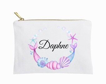 Personalized mermaid makeup bags, mermaid name cosmetic bag, mermaid loot bags, mermaid birthday gift, custom made mermaid gift for girls
