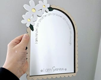 Daily Affirmation Mirror for Girls, Personalized Name Mirror, Floral Kids Room Decor, Positive Quote Nursery Mirror