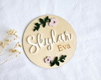 Birth Announcement Wooden Sign, Floral Newborn Baby Name Sign, Hospital Newborn Photo Prop Sign, Personalized Baby Shower Gift, Name Sign