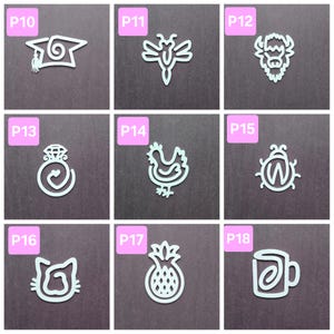 May include: Nine white outline illustrations of various objects, including a graduation cap, dragonfly, buffalo, ring, chicken, ladybug, cat, pineapple, and coffee mug. Each illustration is labeled with a number from P10 to P18.