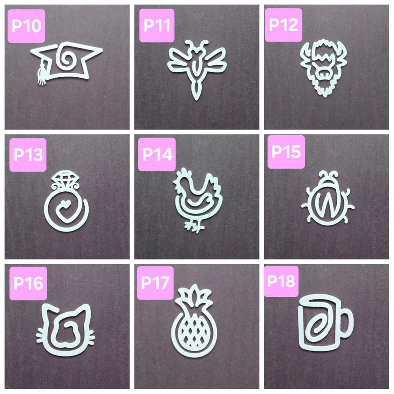 May include: Nine white outline illustrations of various objects, including a graduation cap, dragonfly, buffalo, ring, chicken, ladybug, cat, pineapple, and coffee mug. Each illustration is labeled with a number from P10 to P18.