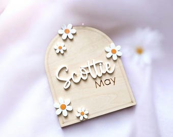 Birth Announcement wooden name sign, newborn name sign, baby Announcement photo sign, daisy name sign, arch baby name sign newborn