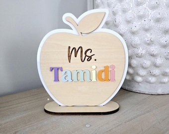 Personalized Teacher Desk Name Sign, Wooden Apple Desk Decor, Teacher Appreciation Gift, Name Plate for Desk, Custom Teacher Apple Name Sign
