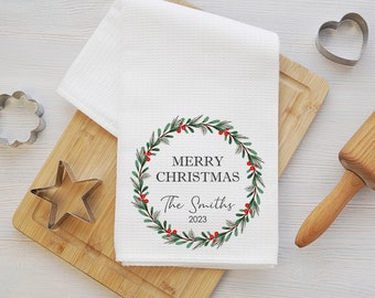 Personalized Christmas tea towel gift for family, custom made Christmas kitchen towel, Christmas gifts with names, holiday tea towel for her