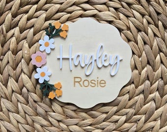 Floral Baby Girl Name Announcement Sign, Flower Newborn Baby Name Plaque, Hospital Newborn Photo Prop Sign, Personalized Baby Shower Gift