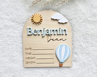 Letrero personalizado de madera y acrílico para anunciar el nacimiento, decoración de habitación infantil con globos aerostáticos.