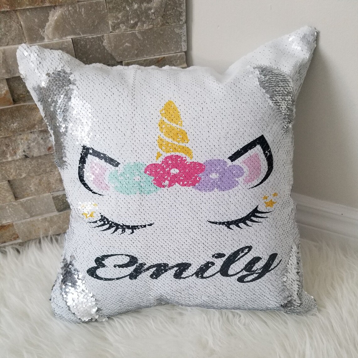 Sequin Pillow Unicorn Sequin Pillow Personalized Sequin Etsy