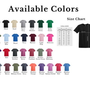 Puede incluir: Un gr&aacute;fico que muestra los colores disponibles para camisetas. El gr&aacute;fico muestra 24 colores diferentes, incluyendo blanco, negro, arena, gris deportivo, gris oscuro jaspeado, verde bosque, verde kelly, verde militar, azul claro, azul real, azul marino, granate, rosa claro, heliconia, morado, rojo, jaspeado grafito, jaspeado baya, jaspeado cardenal, jaspeado verde bosque, jaspeado heliconia, jaspeado &iacute;ndigo, jaspeado marr&oacute;n, jaspeado verde militar, jaspeado azul marino, jaspeado naranja, jaspeado morado, jaspeado orqu&iacute;dea radiante, jaspeado rojo y jaspeado real. El gr&aacute;fico tambi&eacute;n incluye una tabla de tallas para camisetas Gildan 64000, que muestra el ancho y la longitud de cada talla desde XS hasta 4XL.