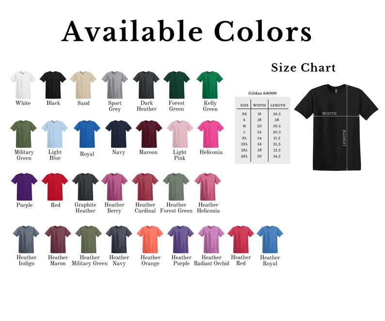 Puede incluir: Un gr&aacute;fico que muestra los colores disponibles para camisetas. El gr&aacute;fico muestra 24 colores diferentes, incluyendo blanco, negro, arena, gris deportivo, gris oscuro jaspeado, verde bosque, verde kelly, verde militar, azul claro, azul real, azul marino, granate, rosa claro, heliconia, morado, rojo, jaspeado grafito, jaspeado baya, jaspeado cardenal, jaspeado verde bosque, jaspeado heliconia, jaspeado &iacute;ndigo, jaspeado marr&oacute;n, jaspeado verde militar, jaspeado azul marino, jaspeado naranja, jaspeado morado, jaspeado orqu&iacute;dea radiante, jaspeado rojo y jaspeado real. El gr&aacute;fico tambi&eacute;n incluye una tabla de tallas para camisetas Gildan 64000, que muestra el ancho y la longitud de cada talla desde XS hasta 4XL.