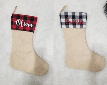 Personalized Christmas stockings, Personalized Christmas gifts, Matching family Christmas stockings, red buffalo plaid burlap stockings