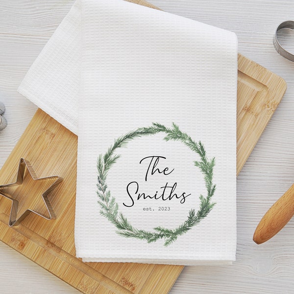 Christmas personalized wreath kitchen towel gift for a couple, custom made holiday tea towel gift for family, wreath towel gift