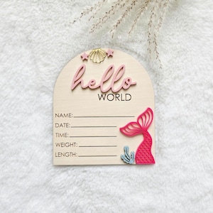 Mermaid Birth Announcement Sign, Personalized Newborn Name Plaque, Wood Baby Stats Disc, Sea Shell Nursery Decor,  Mermaid Hello World Sign