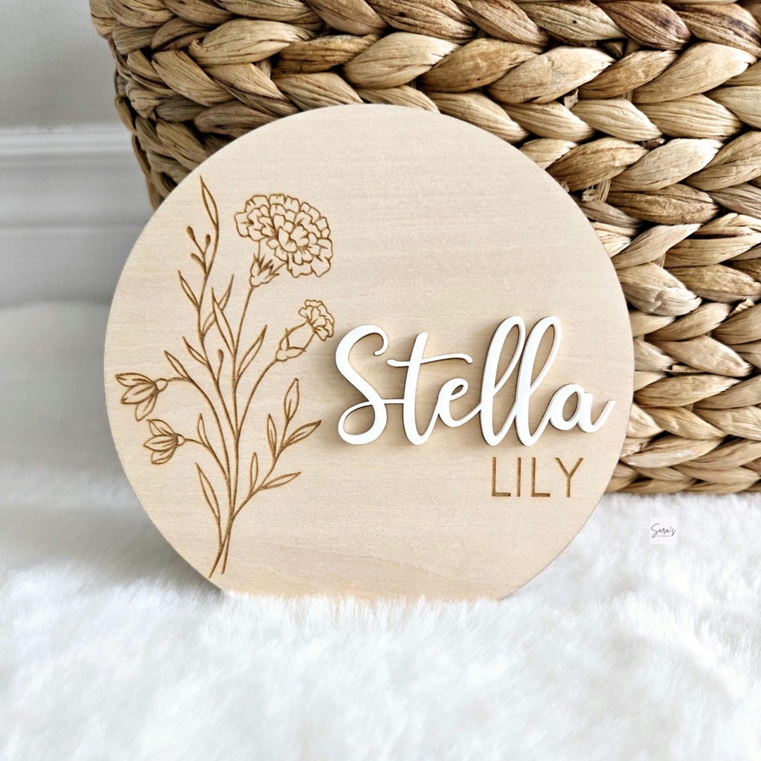 Wooden Name Birth Flower Announcement Sign, Newborn Baby Round Name ...