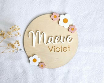 Birth Announcement Wooden Sign, Floral Newborn Baby Name Disc, Hospital Newborn Photo Prop Sign, Personalized Baby Shower Gift, Name Sign