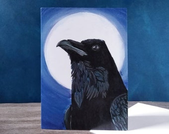 Raven card, Blank greeting card, Card with envelope, Original art print card, Bird card,