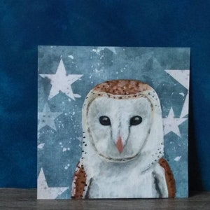 Arte del barbagianni, pittura del gufo, arte della fauna selvatica, piccola arte acrilica