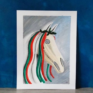Mari Lwyd Kunst, walisische Folklore Malerei, weißes Pferd Wandkunst, Pferdeschädel,