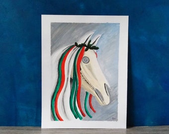 Mari Lwyd Art, Welsh Folklore Painting, White Horse Wall art, Horse Skull,