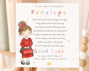 Tarjeta personalizada con poema de buena suerte para tu primer día de clases, 2026