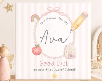 Tarjeta rosa de buena suerte en tu primer día de clases