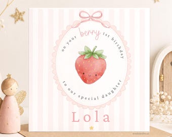 Tarjeta de primer cumpleaños personalizada con temática de fresas para niña, hija o sobrina.