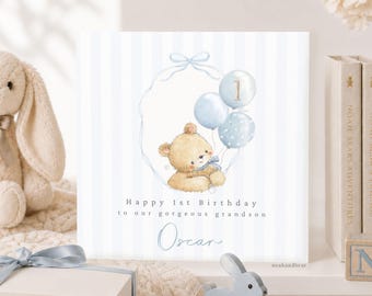 Personalised 1st Birthday Card for Grandson, Blue Teddy Bear Son First Birthday Card, Baby Boy Birthday Card, Custom Name Age One Card