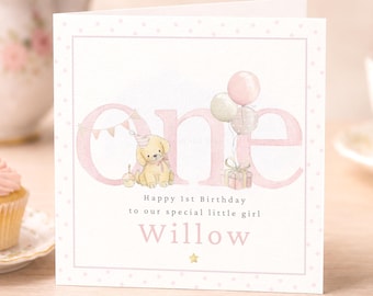 Personalised Pink Dog 1st Birthday Card for Girl