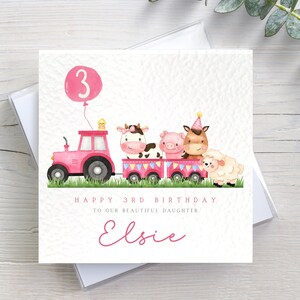 Personalised 3rd Birthday Card Girl Daughter Granddaughter Niece Goddaughter Birthday, Pink Girl Farm Animal 1st 2nd 3rd 4th Birthday Card