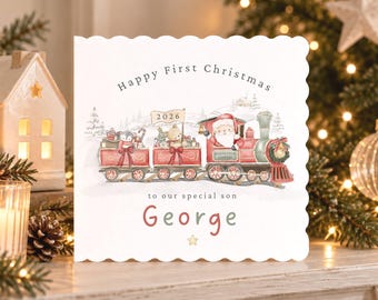 Personalised First Christmas Card, Baby Boy 1st Christmas Train