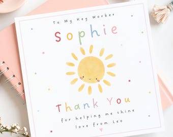 Personalised Thank You Card for Key Worker, Nursery Teacher, Teaching Assistant, Rainbow Sun Design