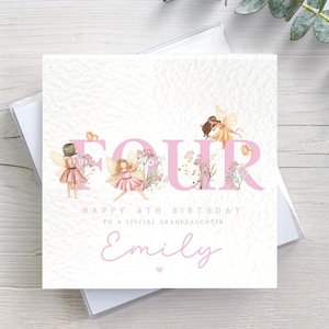 Personalised Fairy 4th Fourth Birthday Card for girl Daughter Granddaughter Sister Niece Goddaughter Cousin Friend, 4th birthday girl card