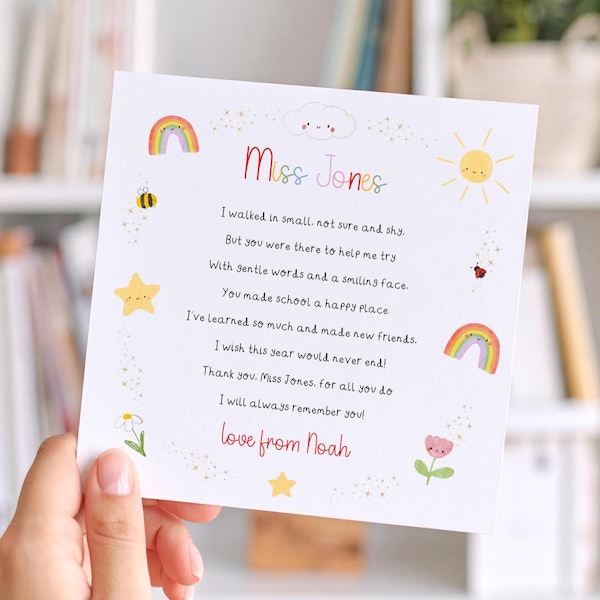 Personalised Teacher Teaching Assistant Nursery Preschool Key Worker Thank You Poem Card, Thank you Teacher End of Year Gift from Child